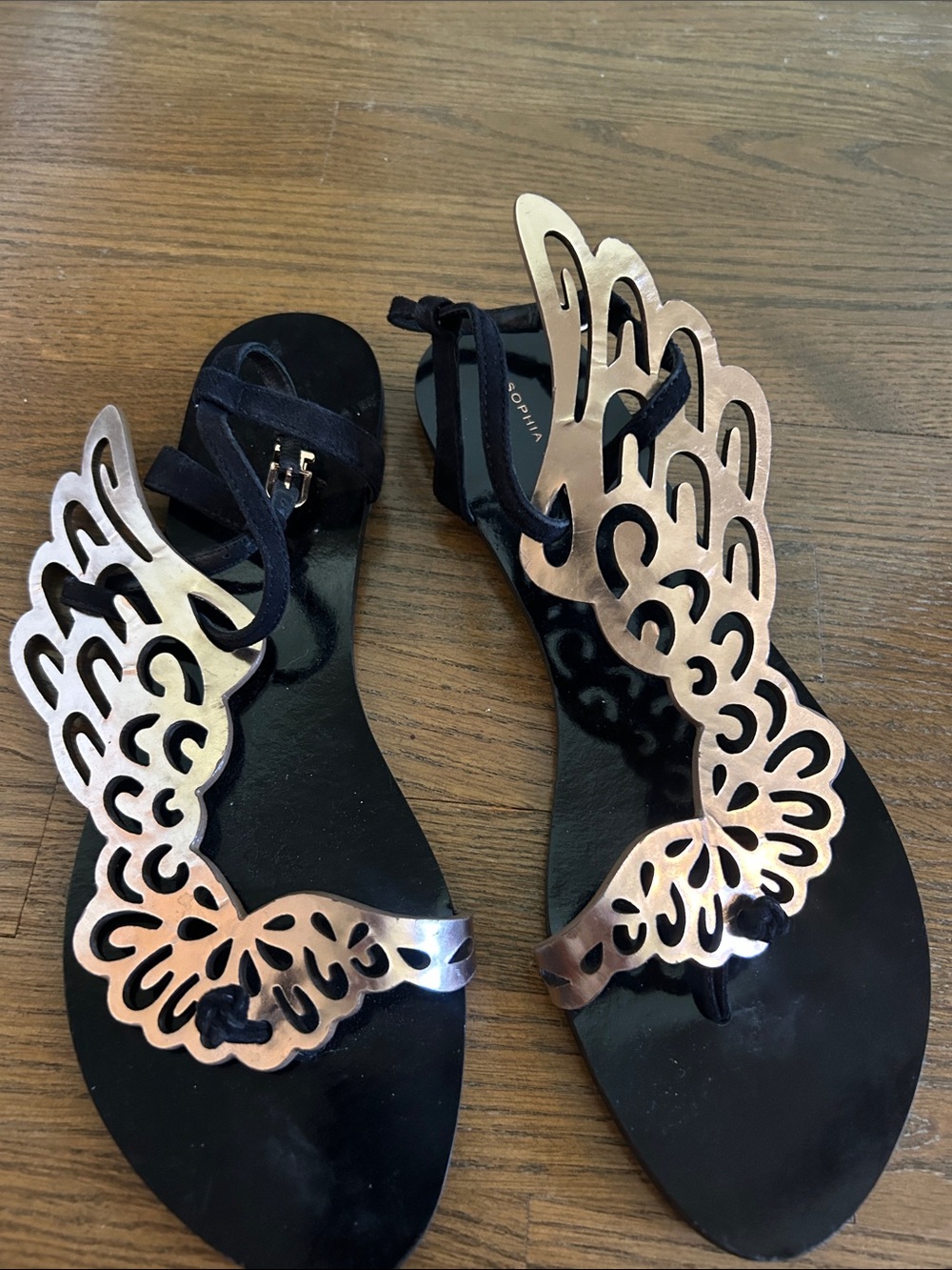 Sophia Webster Black Sandals with Rose Gold Butterfly Wing Accents